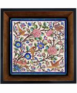 تابلو کاشی مشکی طلایی هنری طرح  گل و مرغ کد h1279   اندازه 17*17